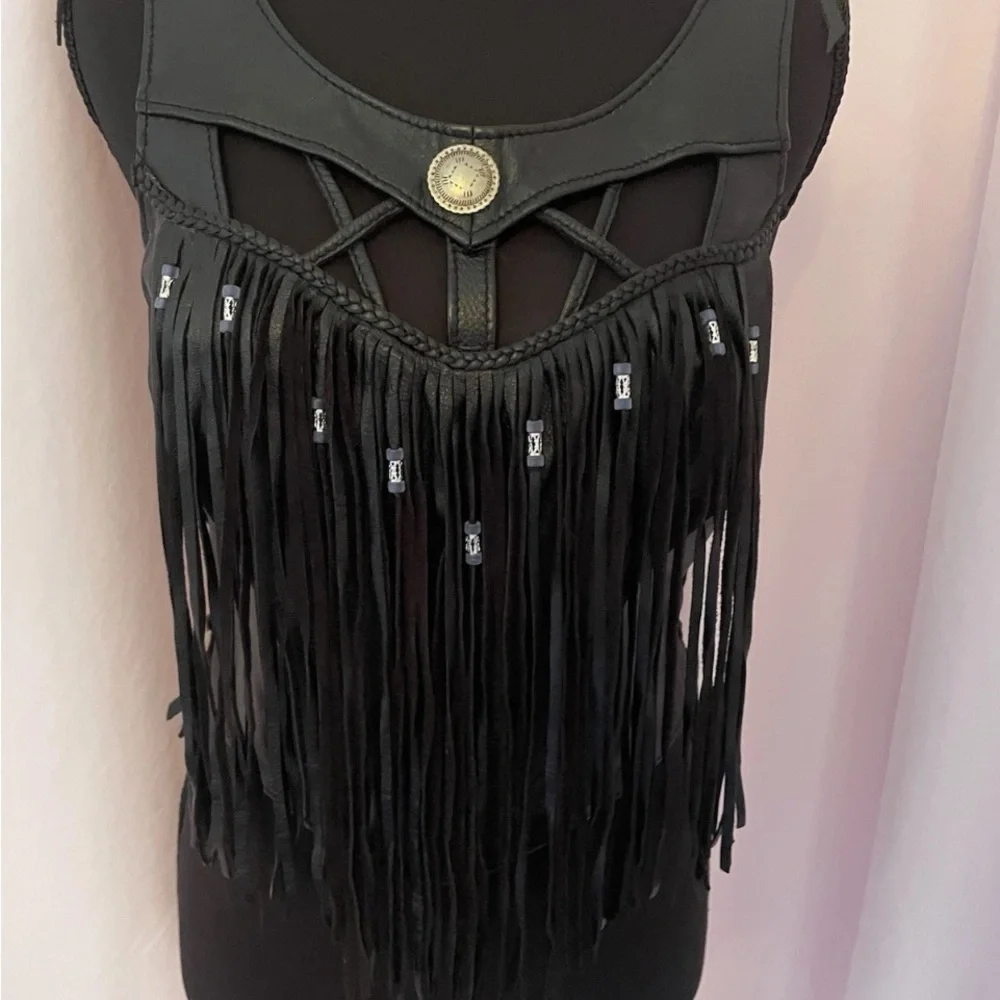 On The Fringe Leather Top/Biker/Gothic/Beaded Fringe - Picture 2 of 10